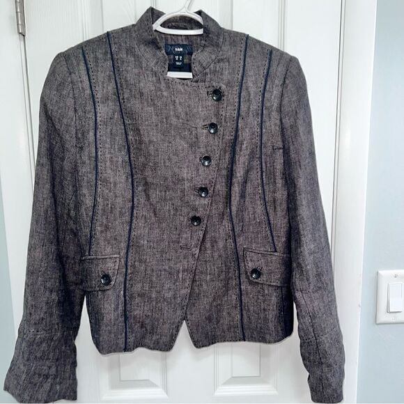 H&M Grey Fully Lined Linen Jacket with black piping and front pockets sz16 - Picture 2 of 12